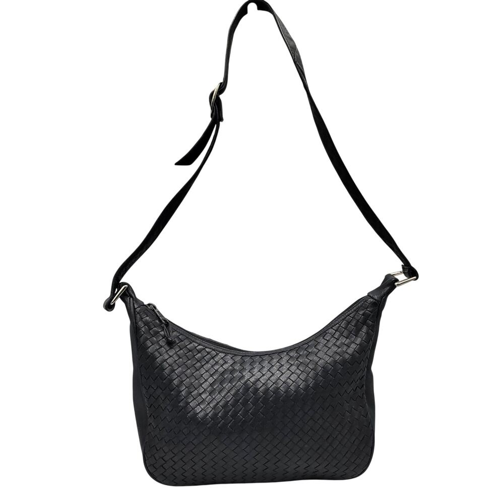 Vintage Ganson Dark Blue Woven Leather Crescent Shaped Shoulder Bag Quiet Luxury